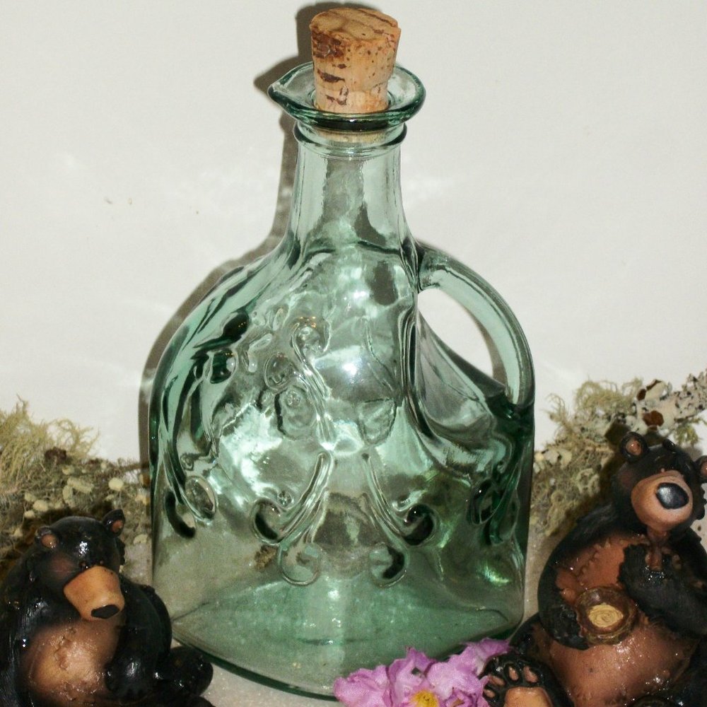 Vintage Green Glass Embossed Bottle w/Cork Marked Canada 6 1/2" X 4" X 3"